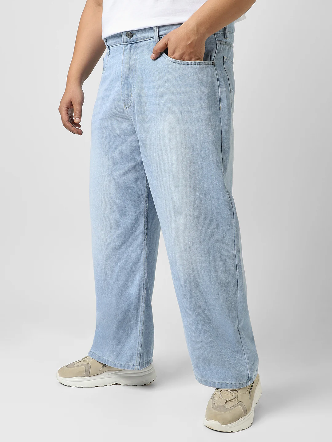 Plus Men's Ice Blue Loose Baggy Fit Washed Jeans Non-Stretchable - Image 2