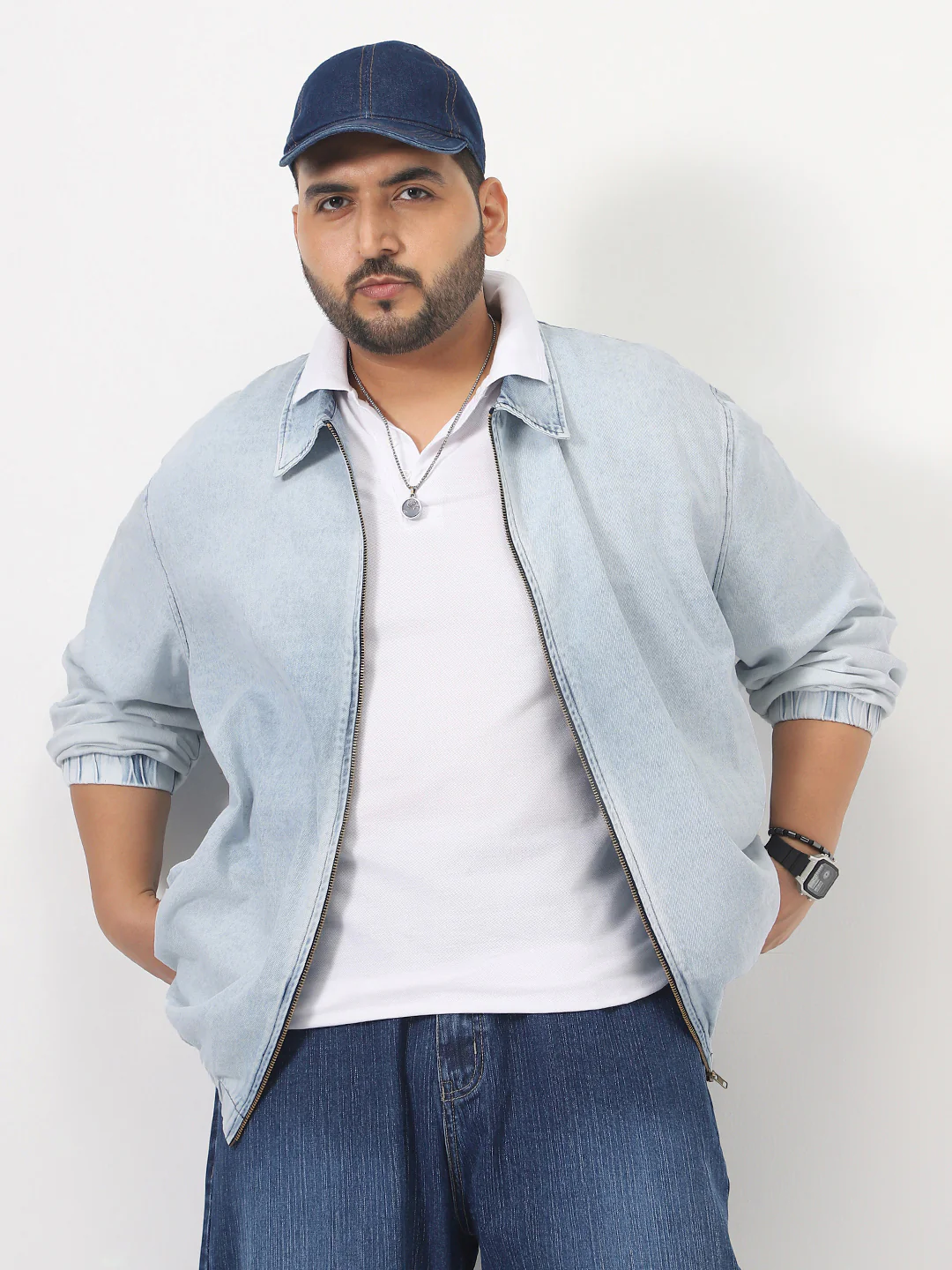 Plus Men's Ice Blue Relaxed Fit Full Sleeve Harrington Denim Jacket