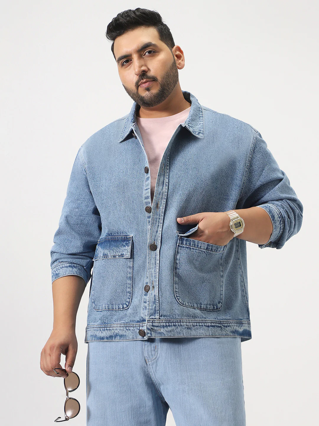 Plus Men's Ice Blue Relaxed Fit Full Sleeve Utility Denim Jacket