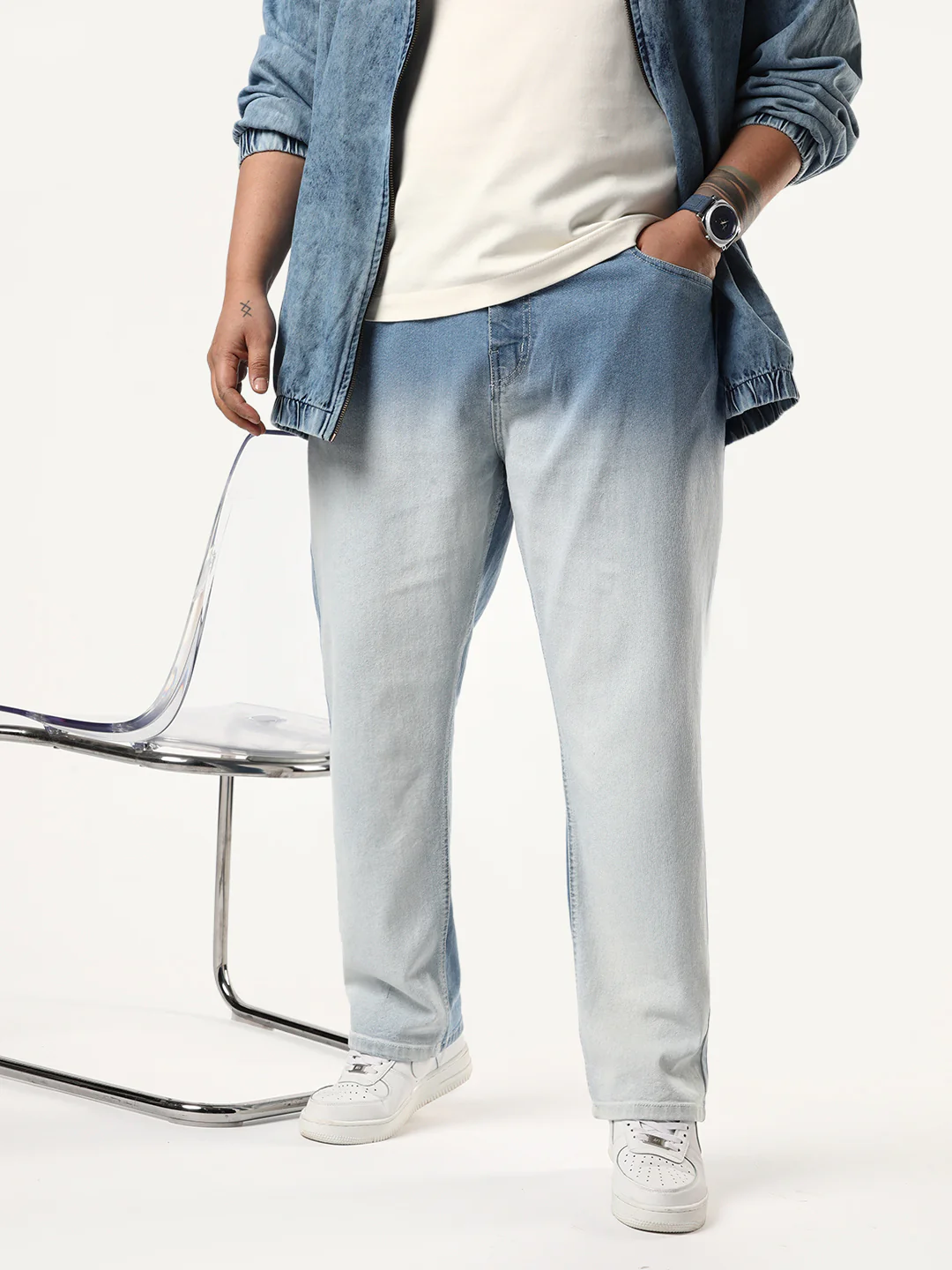 Plus Men's Ice Blue Straight Fit Heavy Washed Faded Denim Jeans Stretchable