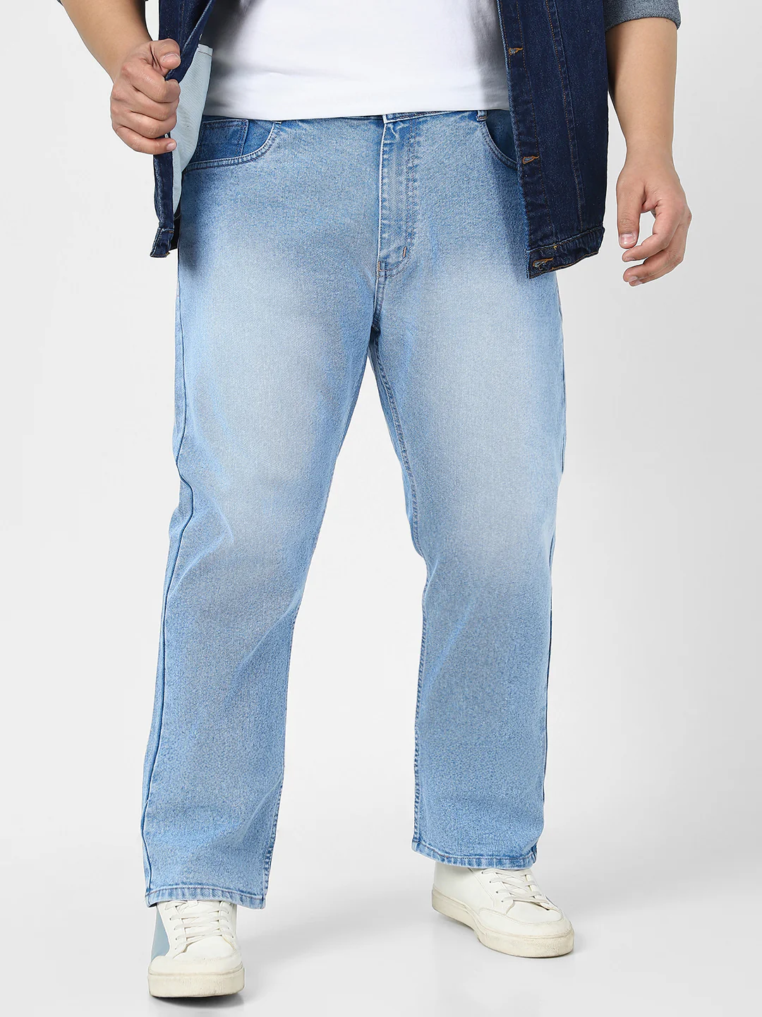 Plus Men's Ice Blue Straight Fit Washed Jeans Stretchable