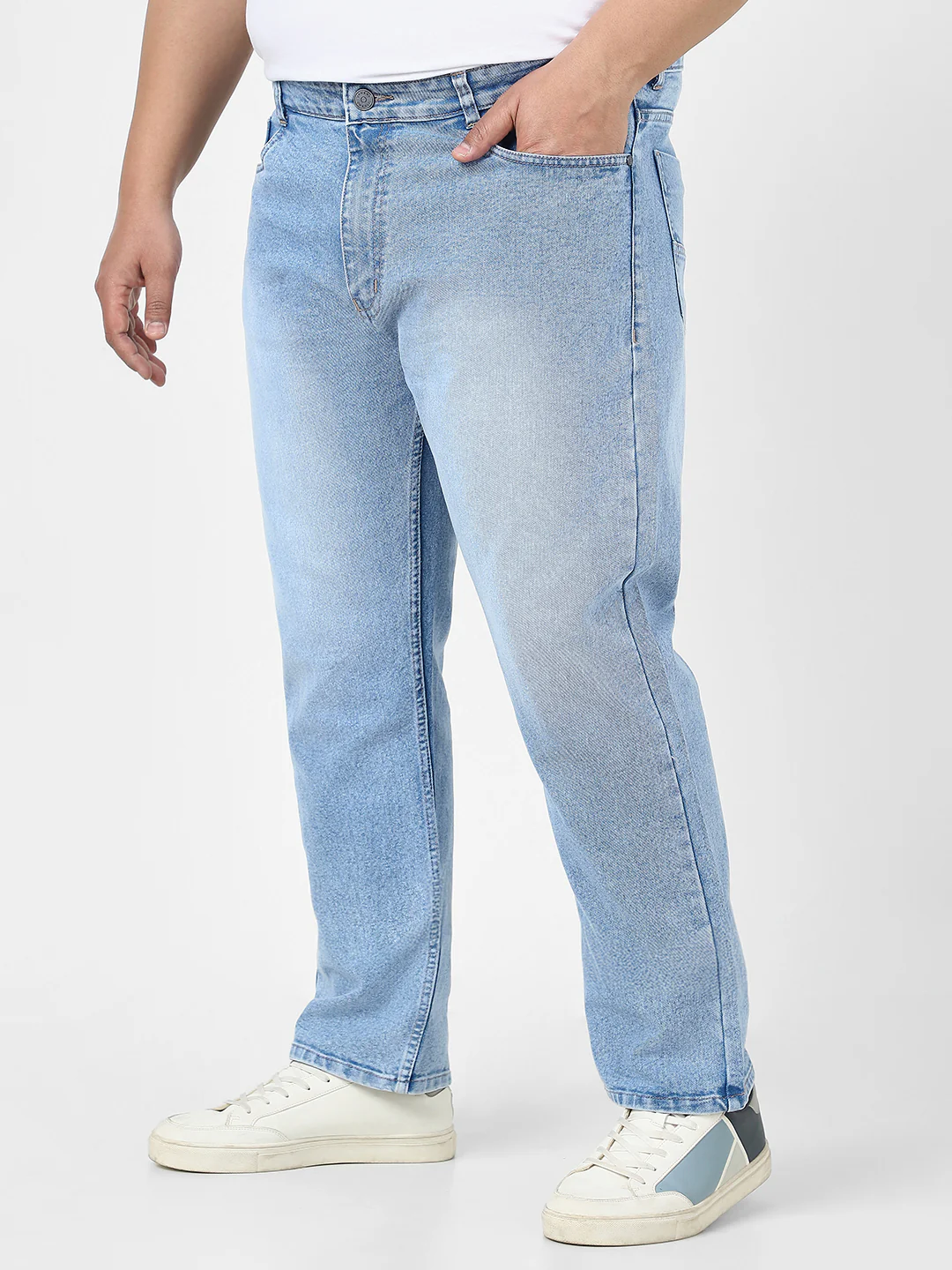 Plus Men's Ice Blue Straight Fit Washed Jeans Stretchable - Image 2
