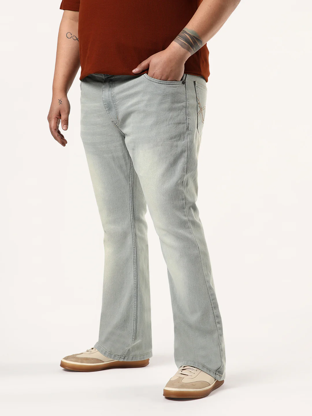 Plus Men's Ice Grey Bootcut Fit Mid Rise Heavy Washed Jeans Stretchable - Image 3