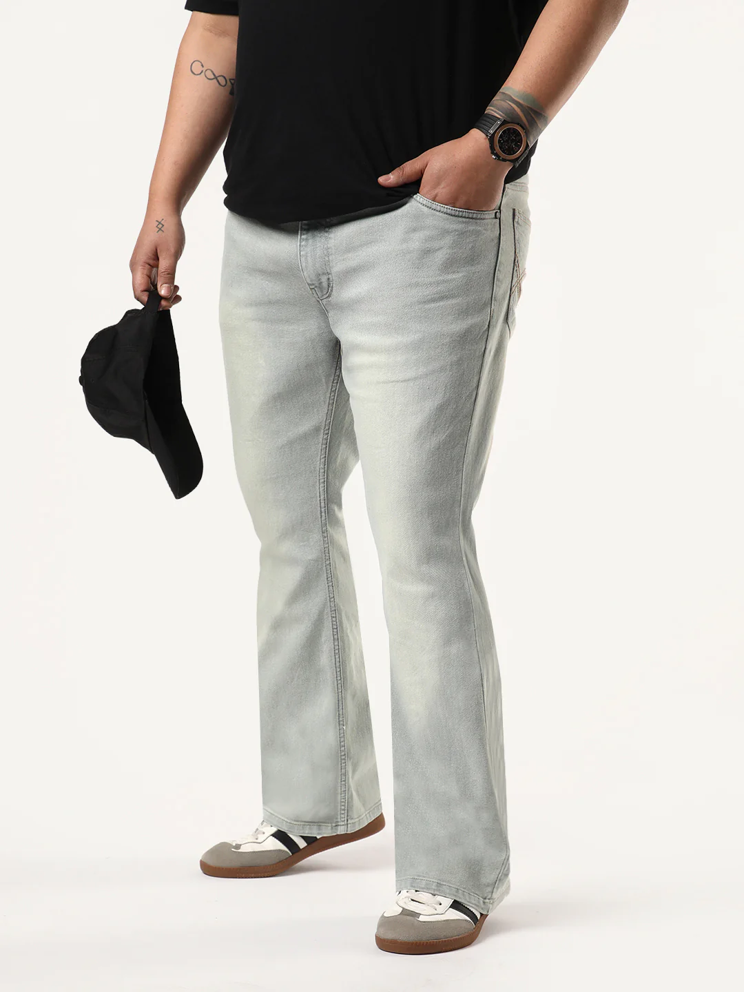 Plus Men's Ice Grey Bootcut Fit Mid Rise Tinted Heavy Washed Jeans Stretchable