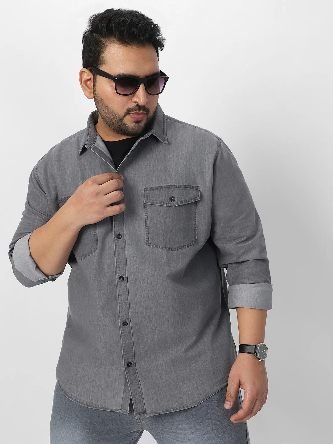 Plus Men's Ice Grey Full Sleeve Regular Fit Casual Denim Shirt - Image 2