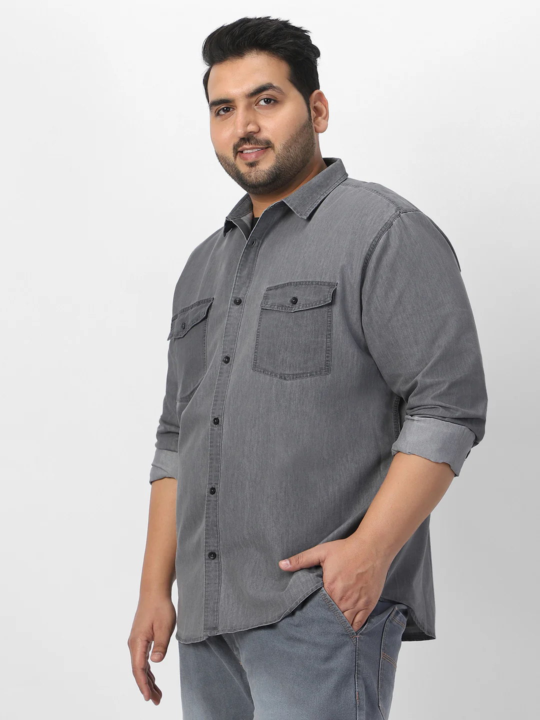 Plus Men's Ice Grey Full Sleeve Regular Fit Casual Denim Shirt - Image 3