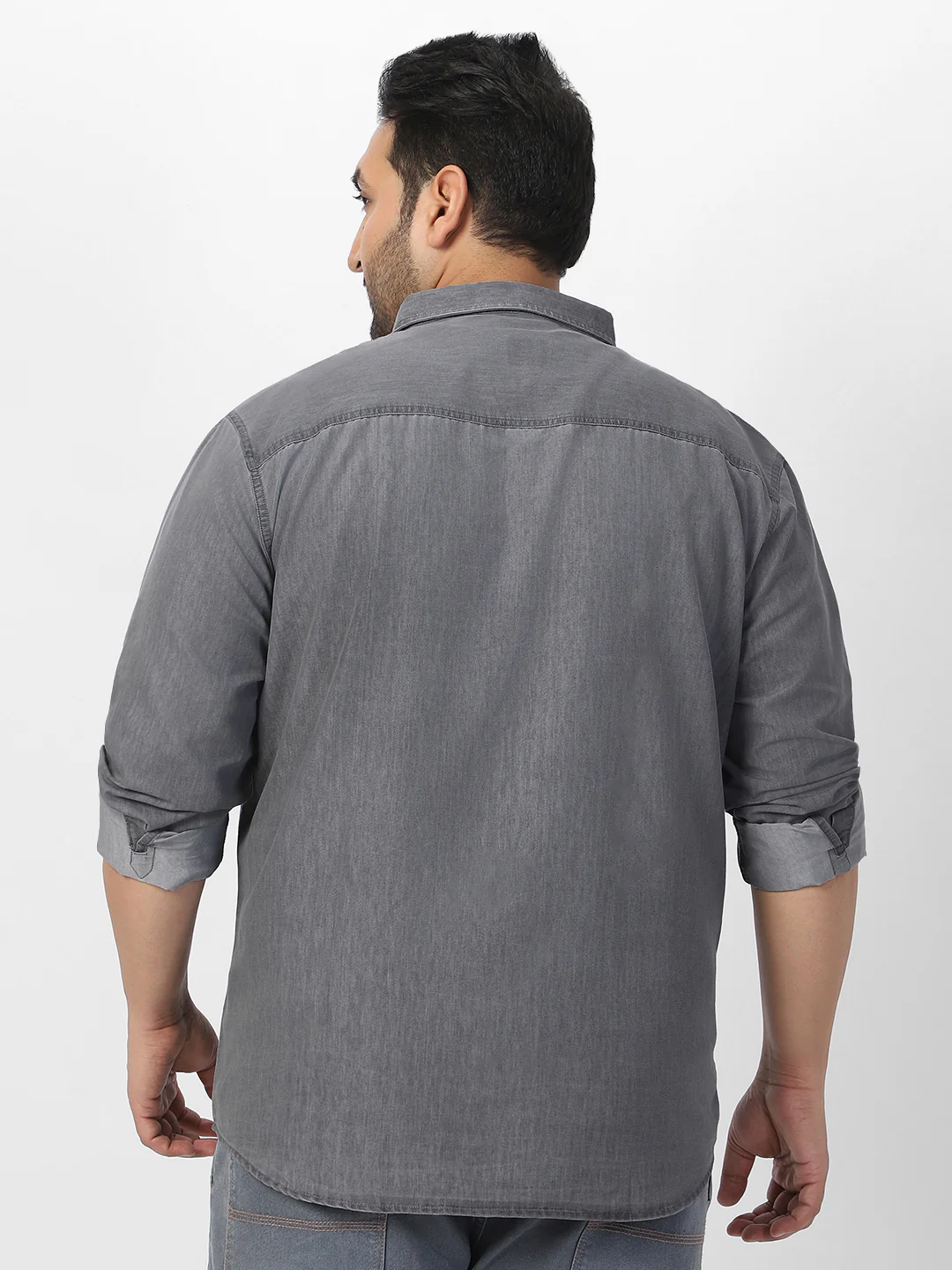 Plus Men's Ice Grey Full Sleeve Regular Fit Casual Denim Shirt - Image 4