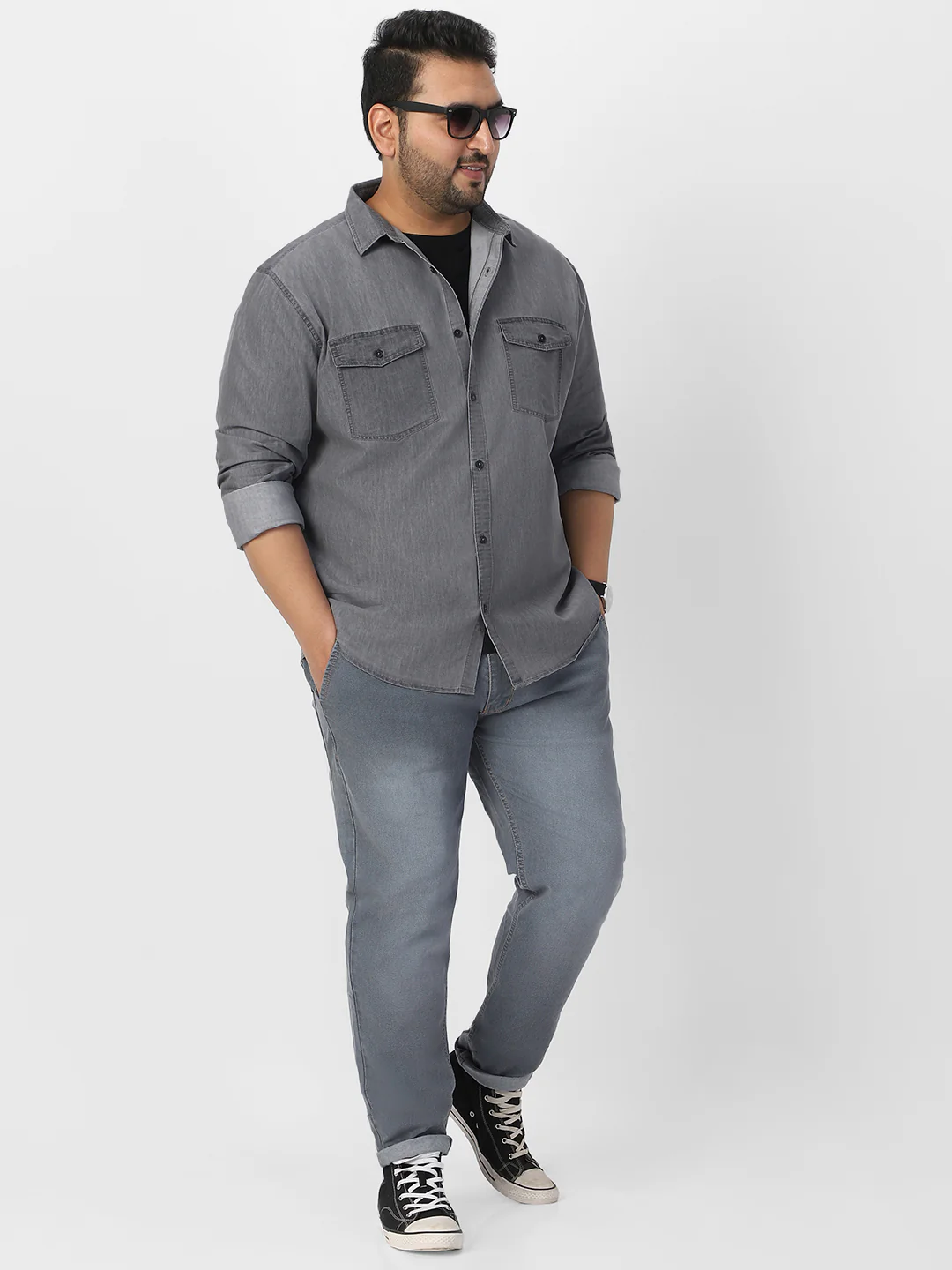 Plus Men's Ice Grey Full Sleeve Regular Fit Casual Denim Shirt - Image 5