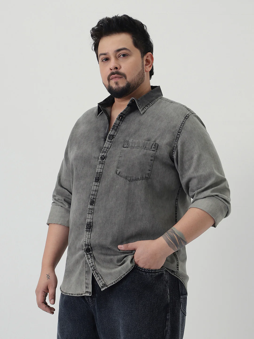 Plus Men's Ice Grey Regular Fit Full Sleeve Washed Denim Shirt - Image 2