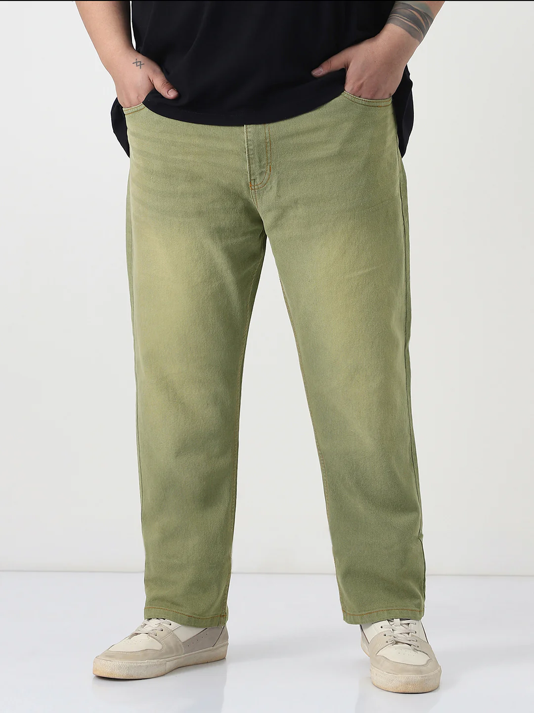 Plus Men's Ice Grey Straight Fit Heavy Washed Jeans Stretchable