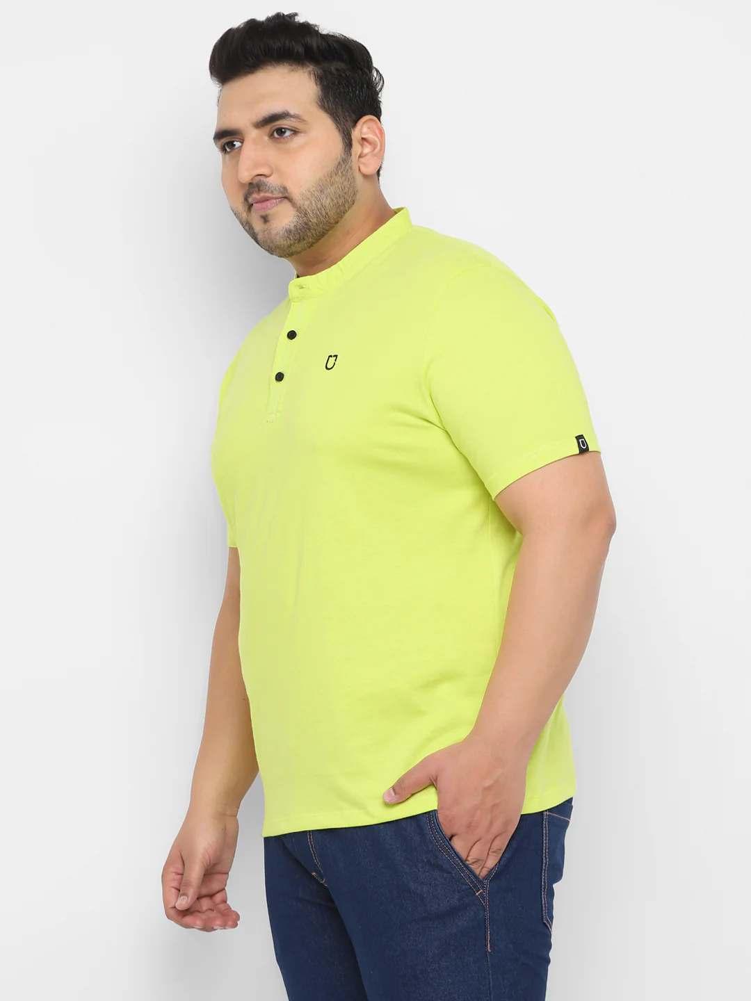 Plus Men's Lemon Yellow Solid Mandarin Collar Regular Fit Cotton T-Shirt