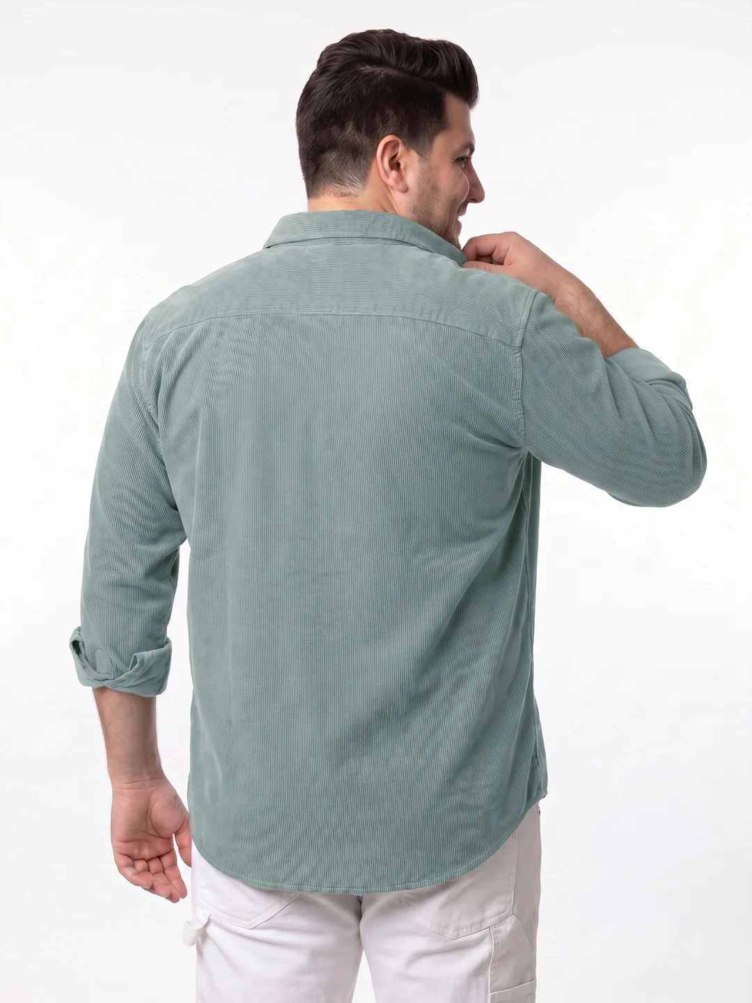 Plus Men's Light Blue Corduroy Full Sleeve Regular Fit Solid Overshirt with Utility Pockets - Image 3