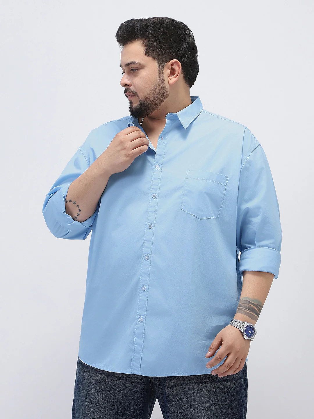 Plus Men's Light Blue Cotton Full Sleeve Regular Fit Casual Solid Shirt