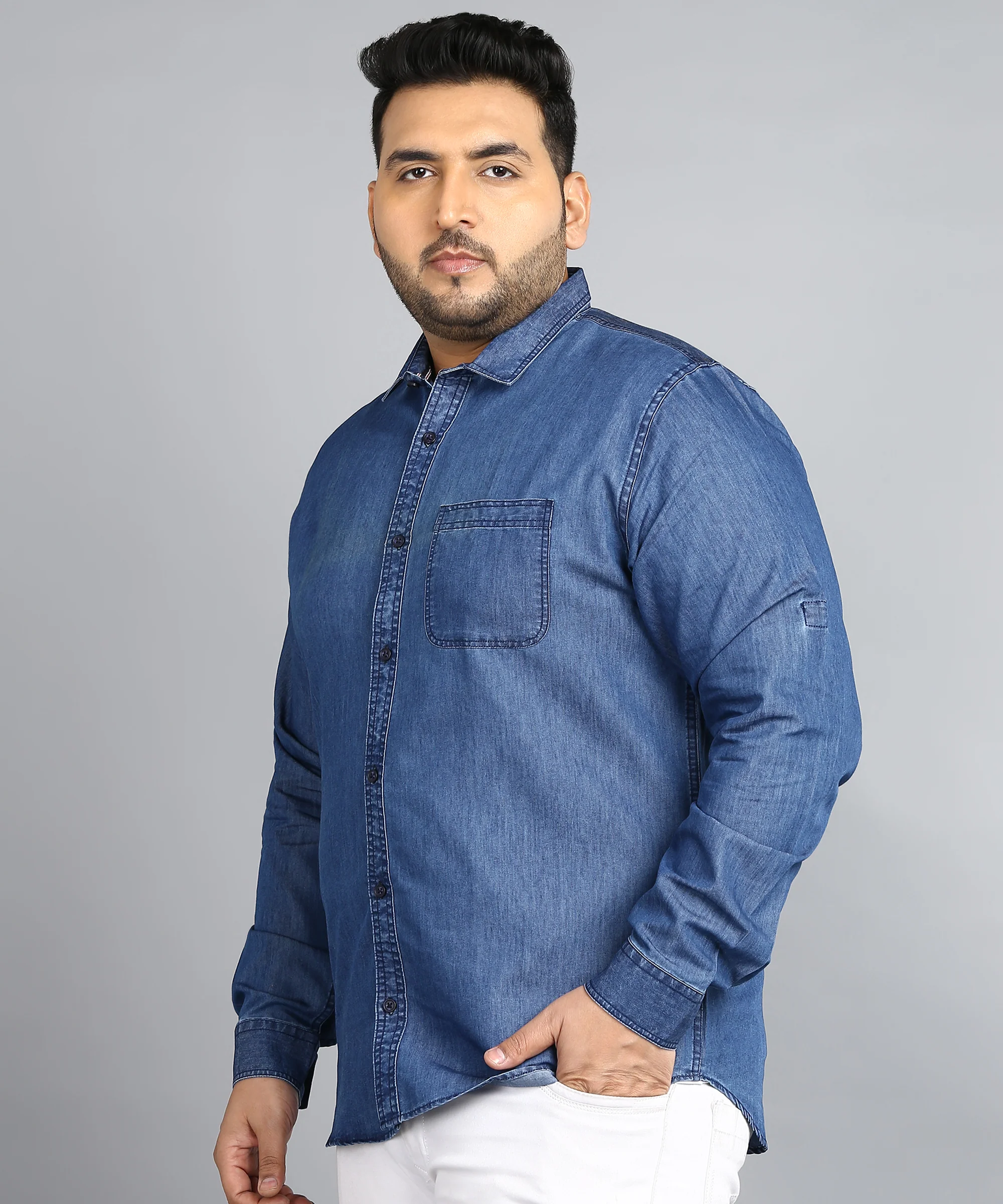 Plus Men's Light Blue Denim Full Sleeve Regular Fit Washed Casual Shirt - Image 2