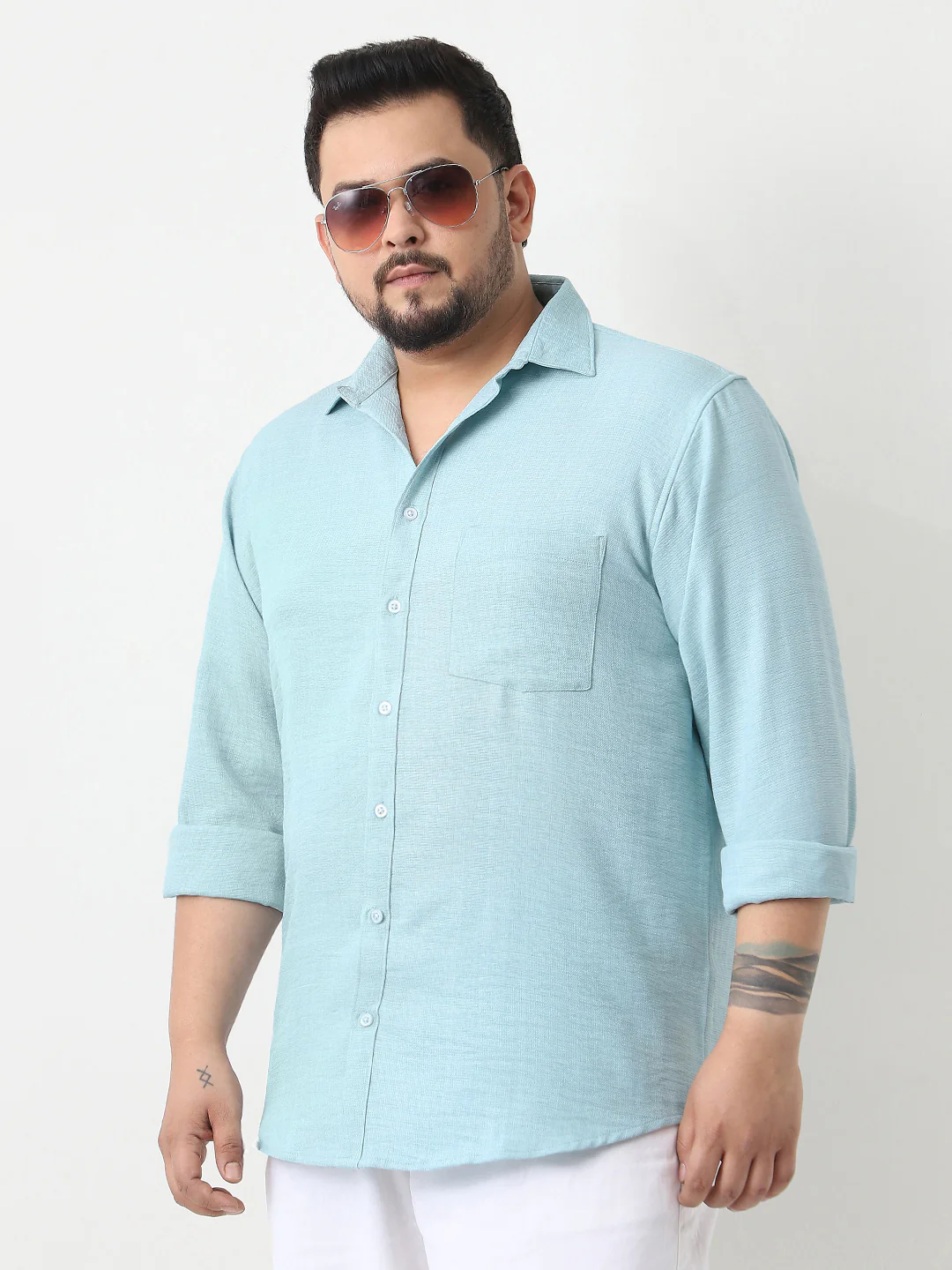 Plus Men's Light Blue Linen Blend Full Sleeve Relaxed Fit Casual Solid Shirt - Image 2
