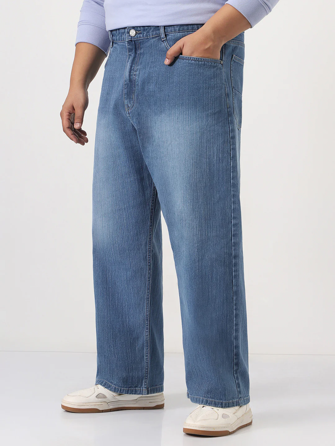 Plus Men's Light Blue Loose Baggy Fit Washed Denim Jeans Non-Stretchable - Image 2