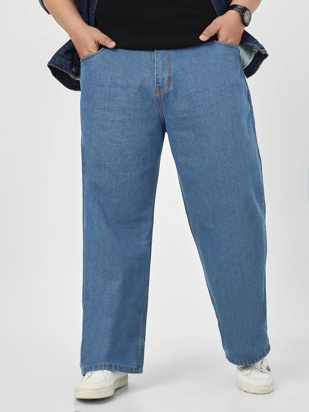 Plus Men's Light Blue Loose Fit Washed Jeans Non-Stretchable - Image 2