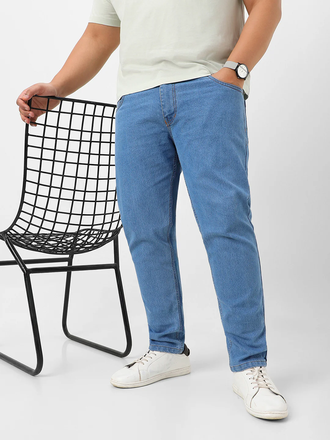 Plus Men's Light Blue Regular Fit Solid Jeans Stretchable - Image 2