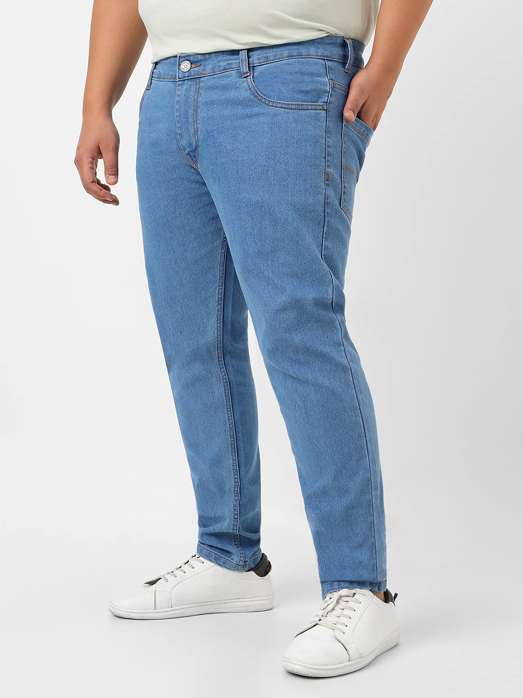 Plus Men's Light Blue Regular Fit Solid Jeans Stretchable - Image 3