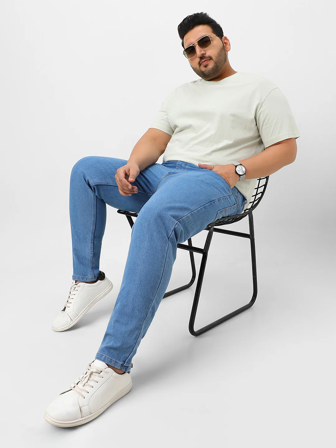 Plus Men's Light Blue Regular Fit Solid Jeans Stretchable - Image 5