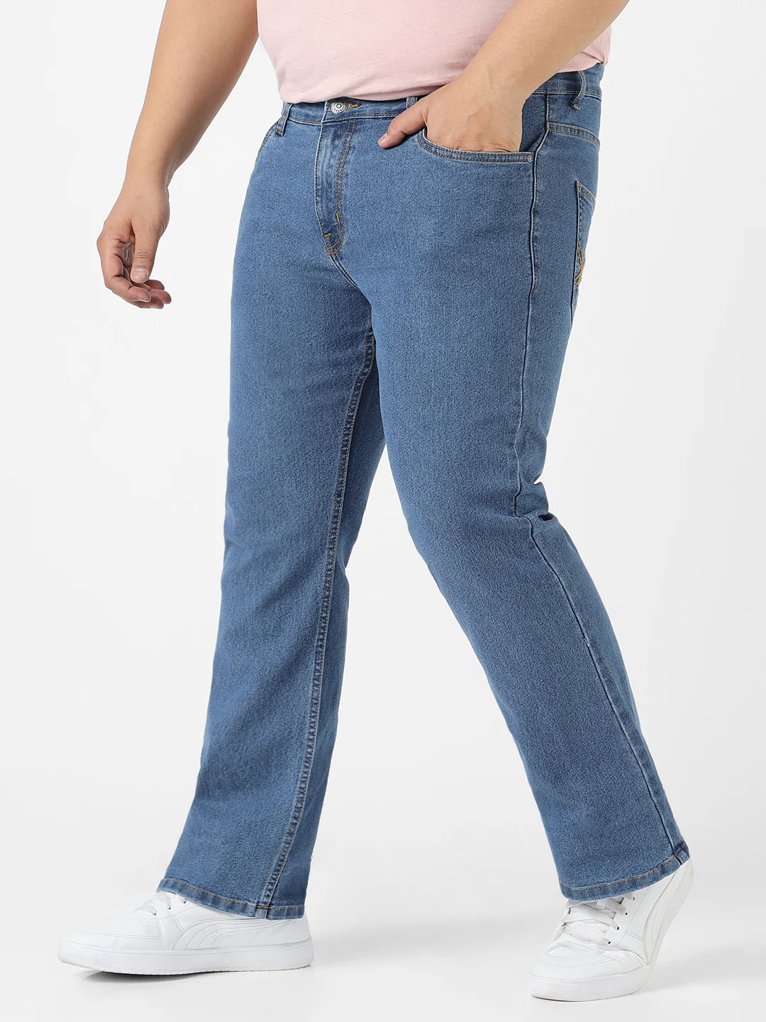 Plus Men's Light Blue Regular Fit Washed Denim Bootcut Jeans Stretchable - Image 2