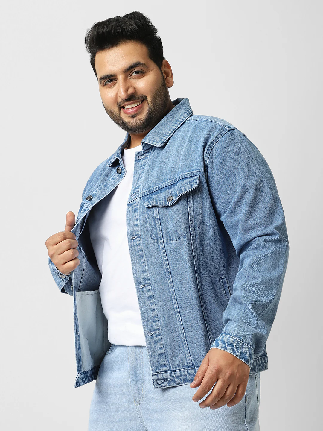 Plus Men's Light Blue Regular Fit Washed Full Sleeve Denim Jacket - Image 3