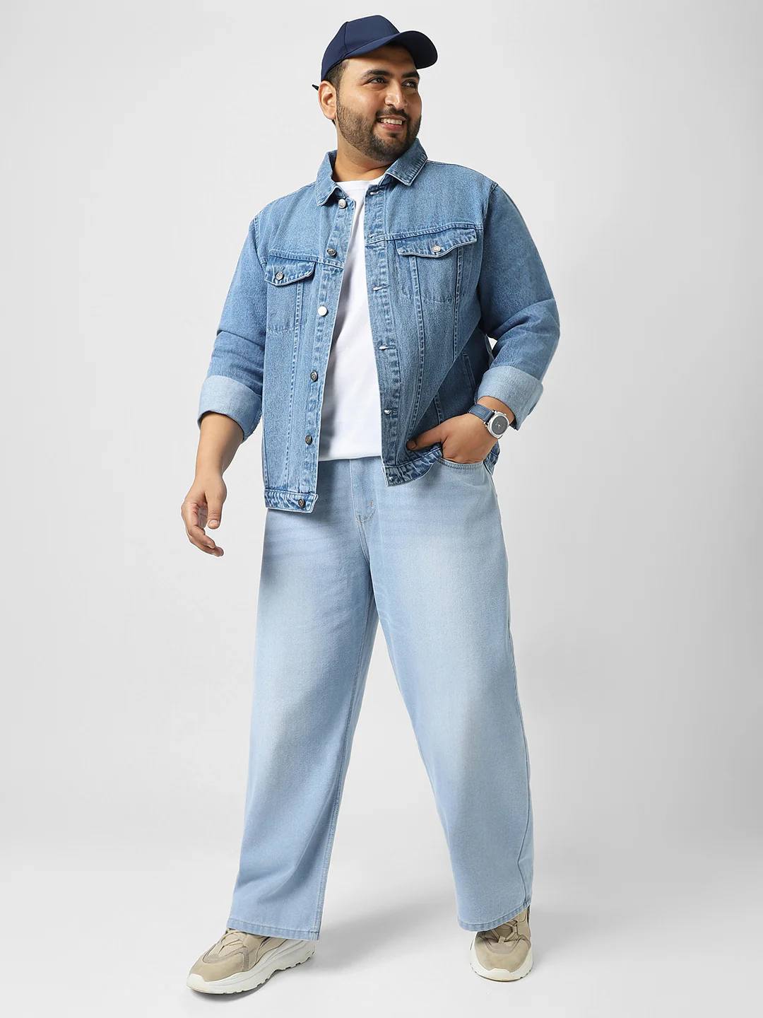 Plus Men's Light Blue Regular Fit Washed Full Sleeve Denim Jacket - Image 5
