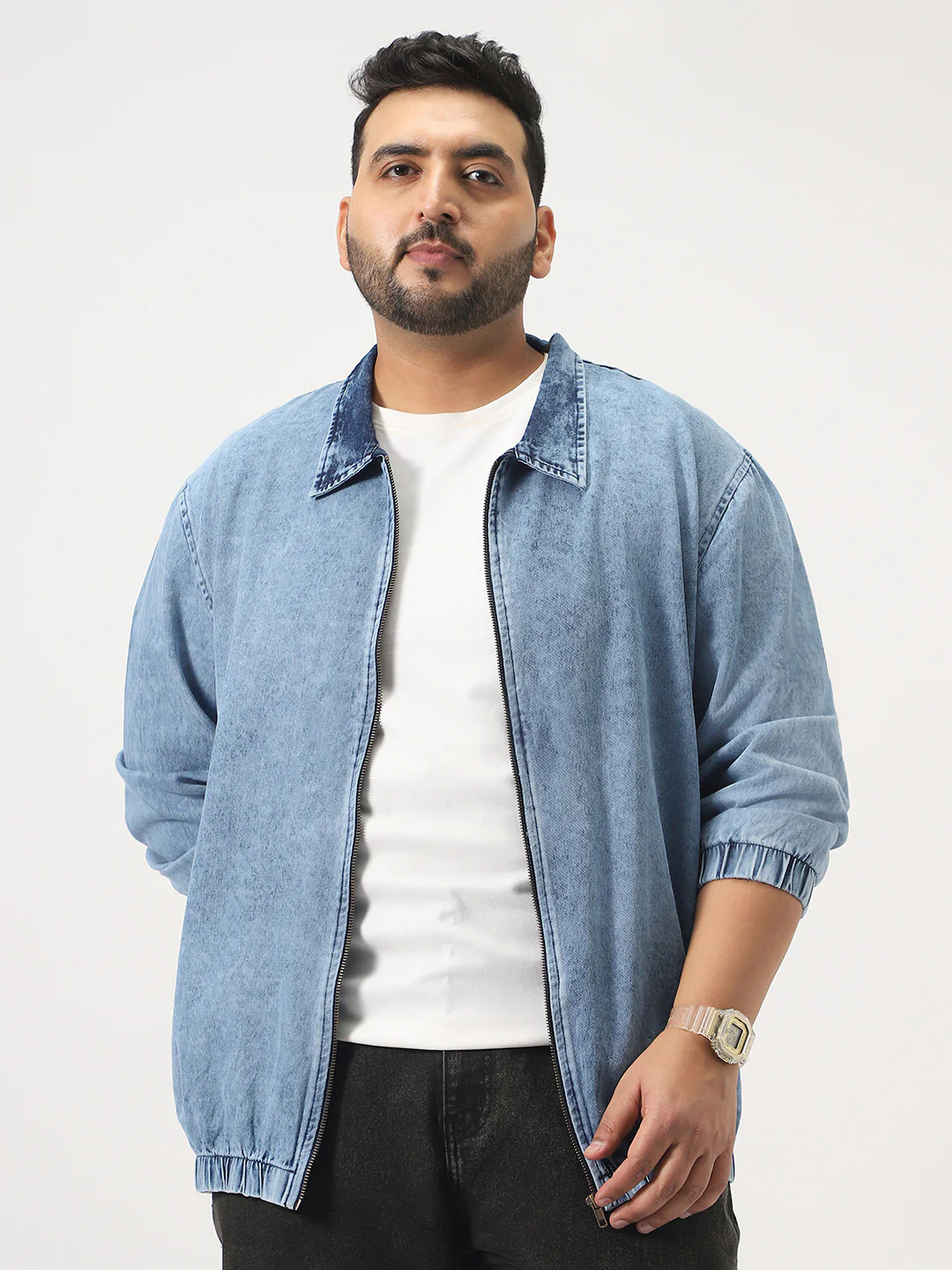 Plus Men's Light Blue Relaxed Fit Full Sleeve Harrington Denim Jacket