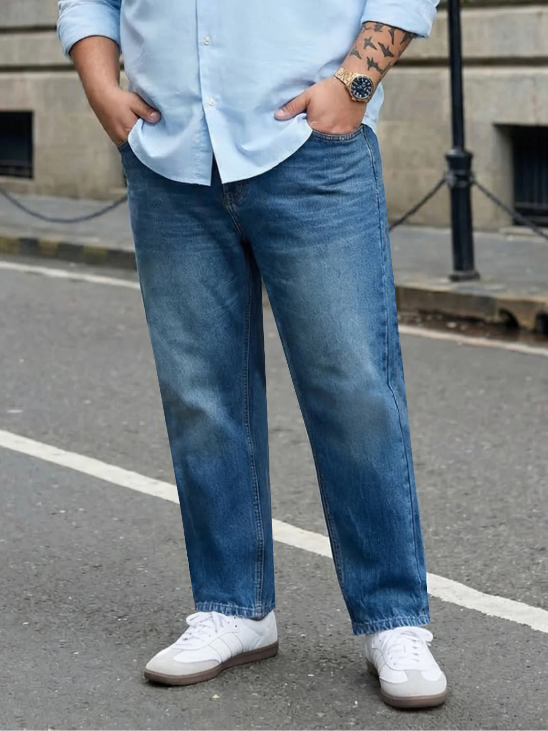 Plus Men's Light Blue Relaxed Fit Washed Denim Jeans Non-Stretchable
