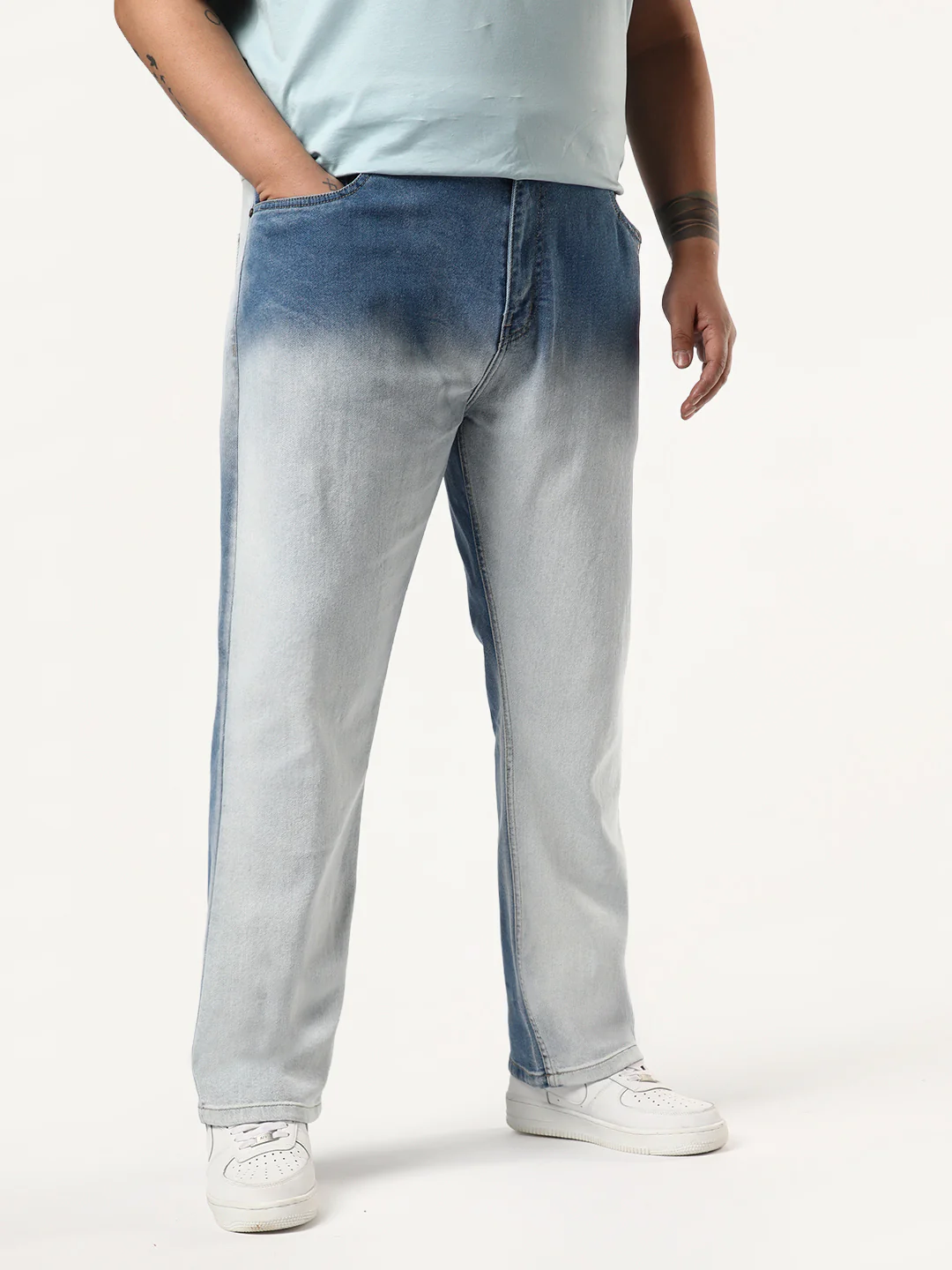 Plus Men's Light Blue Straight Fit Heavy Washed Faded Denim Jeans Stretchable - Image 3