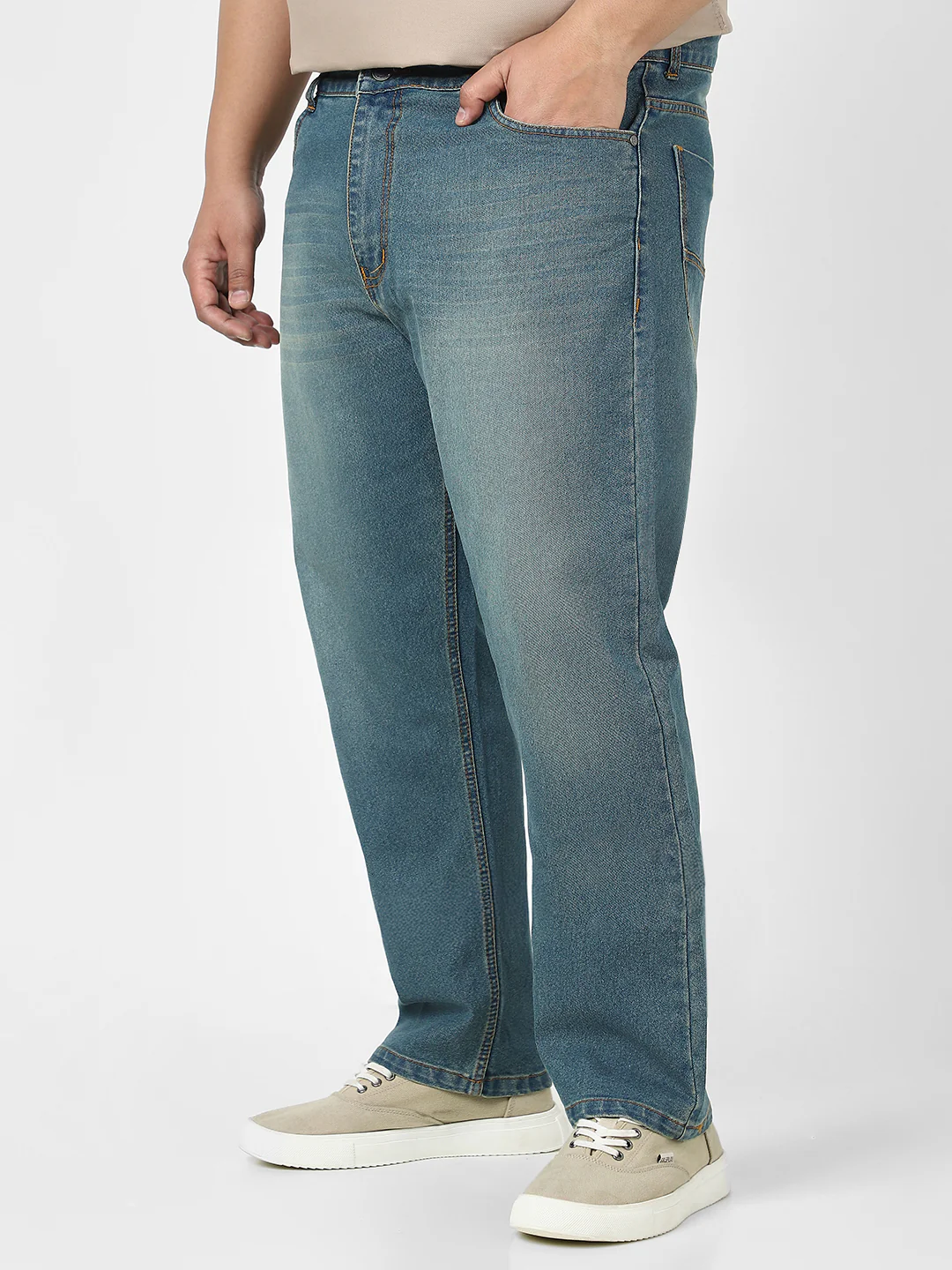 Plus Men's Light Blue Straight Fit Washed Jeans Stretchable - Image 2