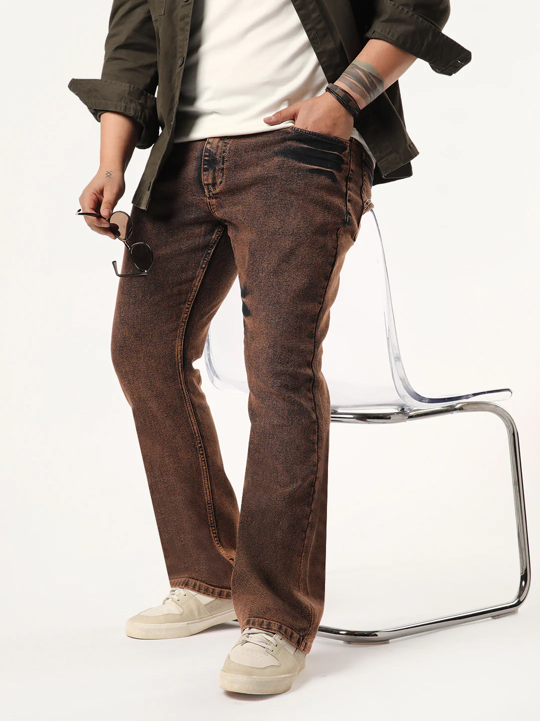 Plus Men's Light Brown Bootcut Fit Mid Rise Acid Wash Jeans Stretchable