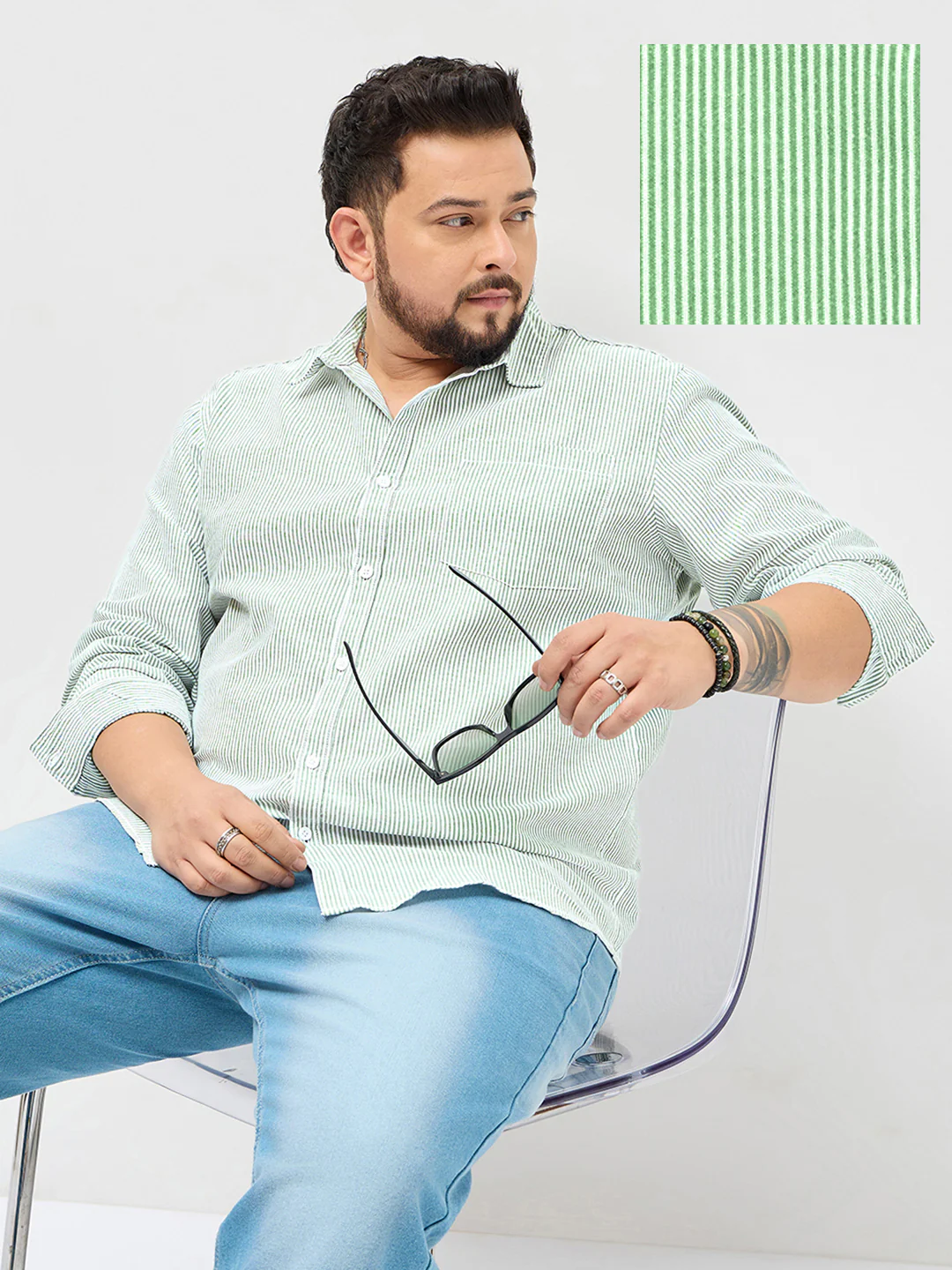 Plus Men's Light Green Cotton Full Sleeve Regular Fit Casual Striped Shirt