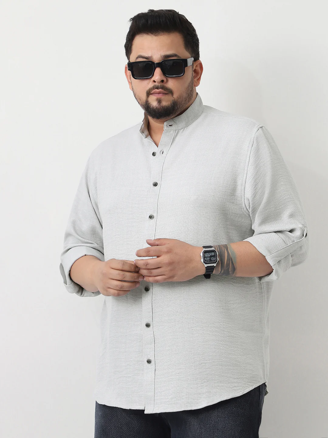 Plus Men's Light Grey Linen Blend Full Sleeve Relaxed Fit Mandarin Collar Casual Solid Shirt