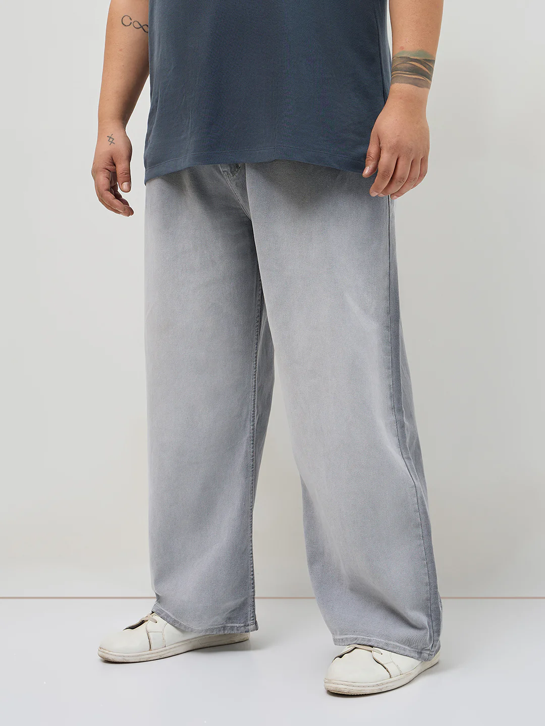 Plus Men's Light Grey Loose Baggy Fit Heavy Washed Faded Denim Jeans Non-Stretchable - Image 2