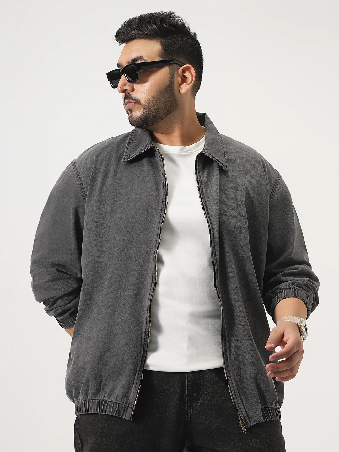 Plus Men's Light Grey Relaxed Fit Full Sleeve Harrington Denim Jacket