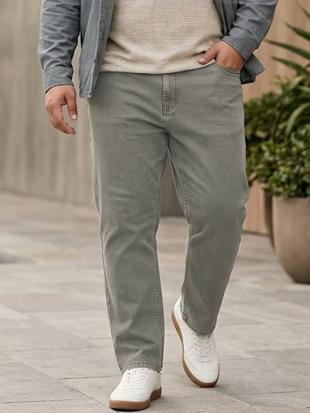 Plus Men's Light Grey Straight Fit Heavy Washed Jeans Stretchable