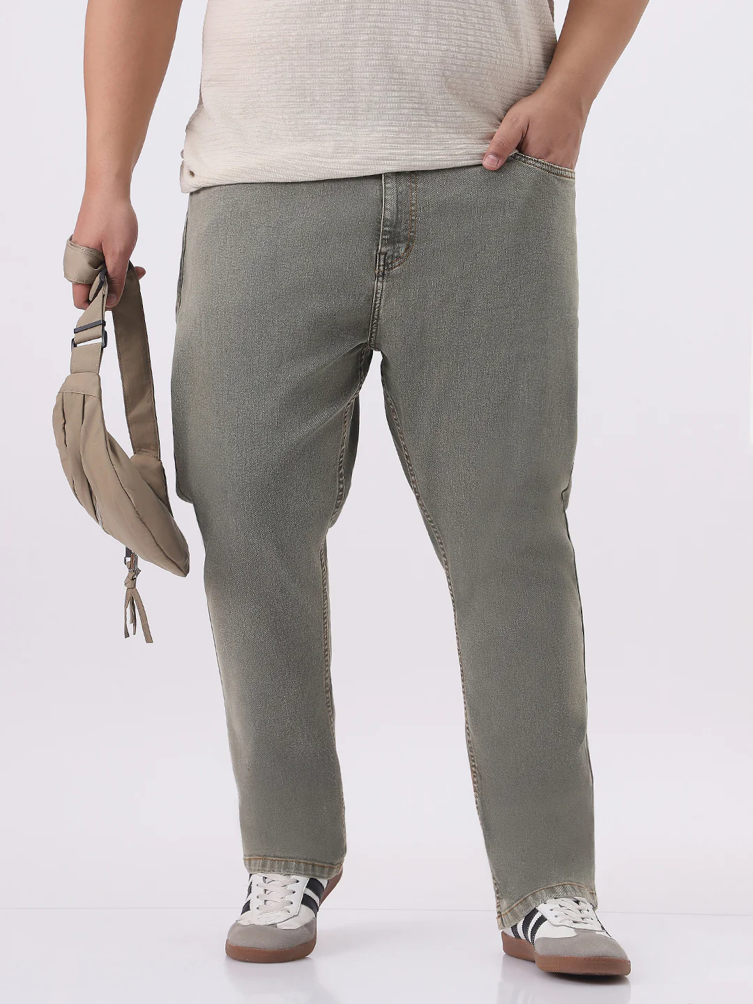 Plus Men's Light Grey Straight Fit Heavy Washed Jeans Stretchable - Image 2