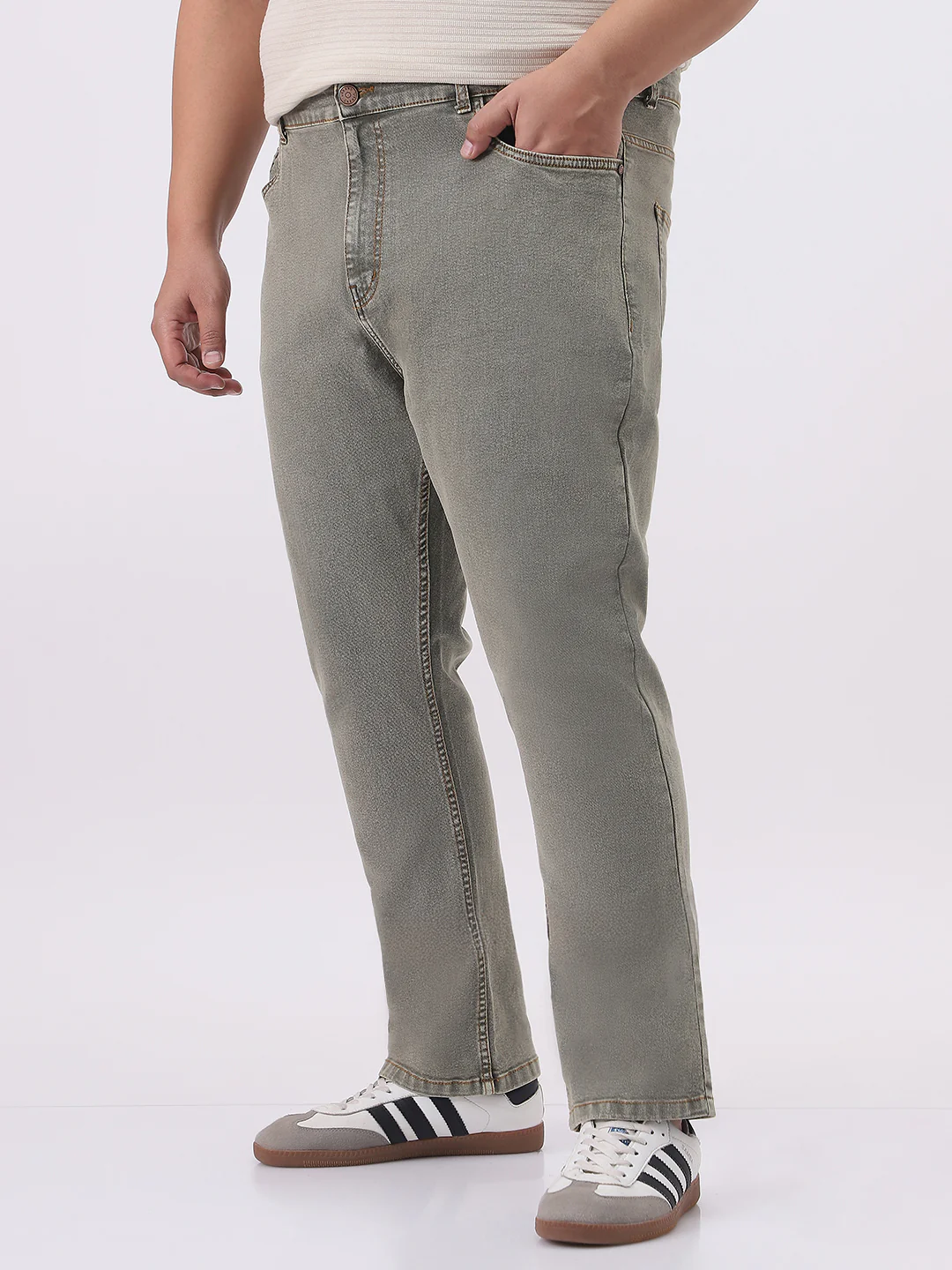 Plus Men's Light Grey Straight Fit Heavy Washed Jeans Stretchable - Image 3