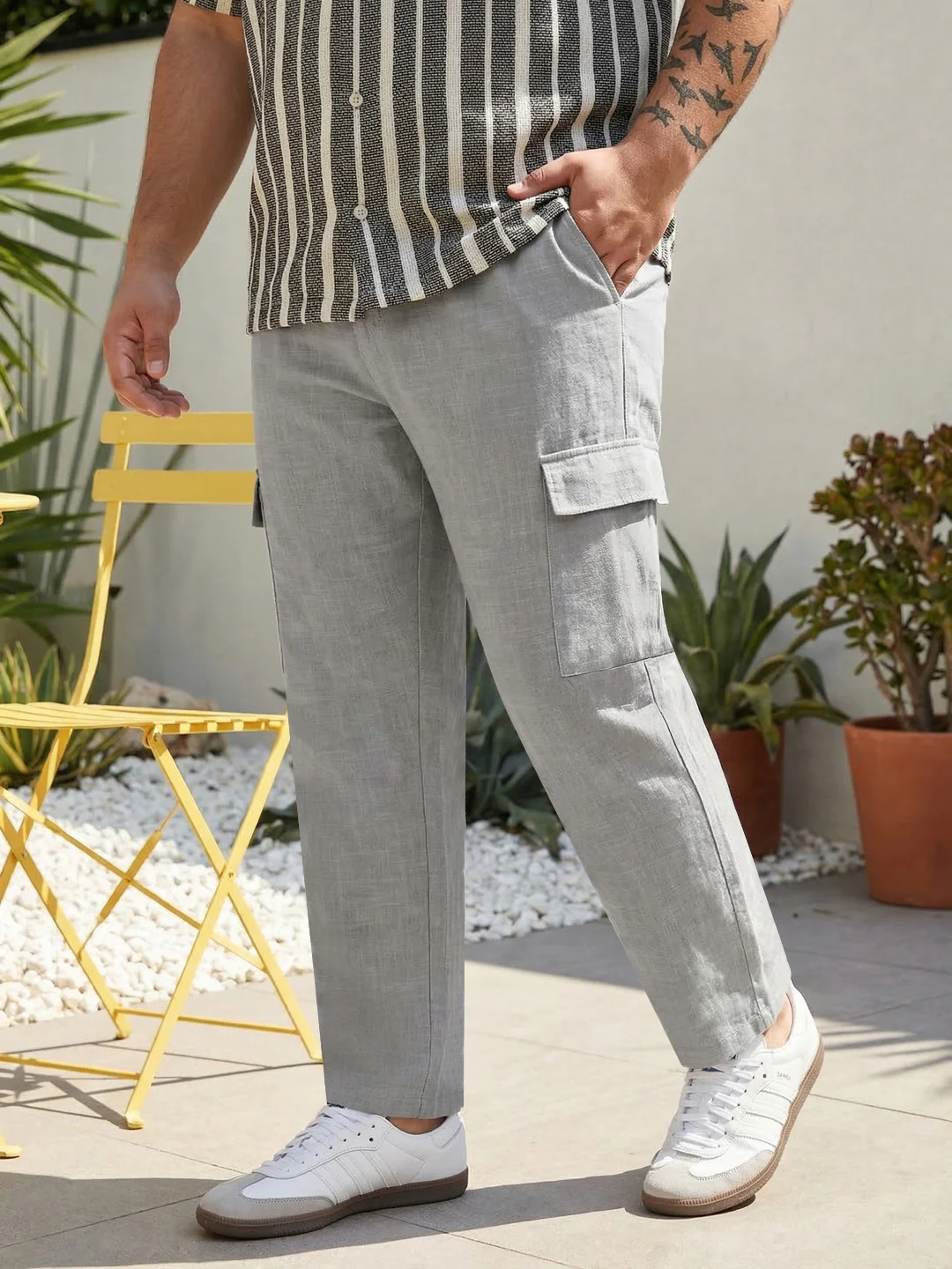 Plus Men's Light Grey Straight Fit Linen Cargo Pants with 6 Pockets