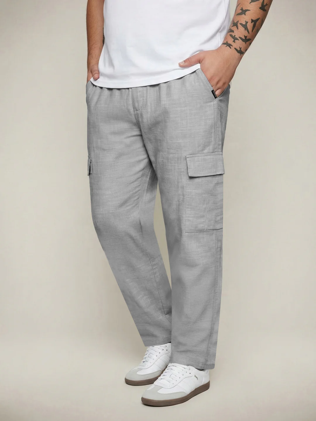 Plus Men's Light Grey Straight Fit Linen Cargo Pants with 6 Pockets - Image 2