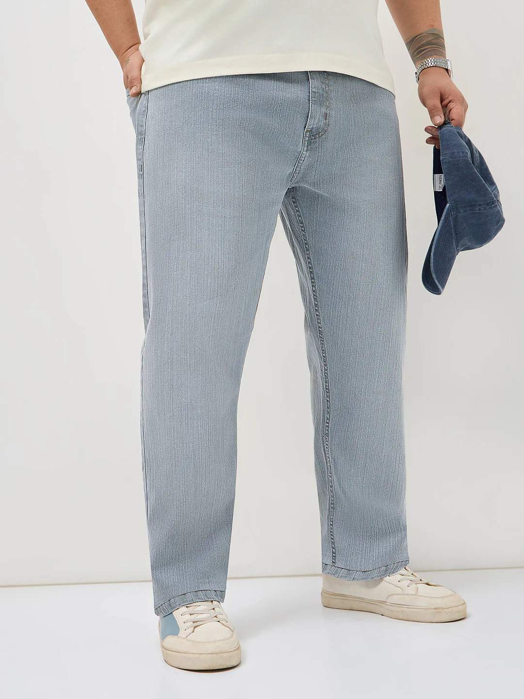 Plus Men's Light Grey Straight Fit Washed Denim Jeans Stretchable