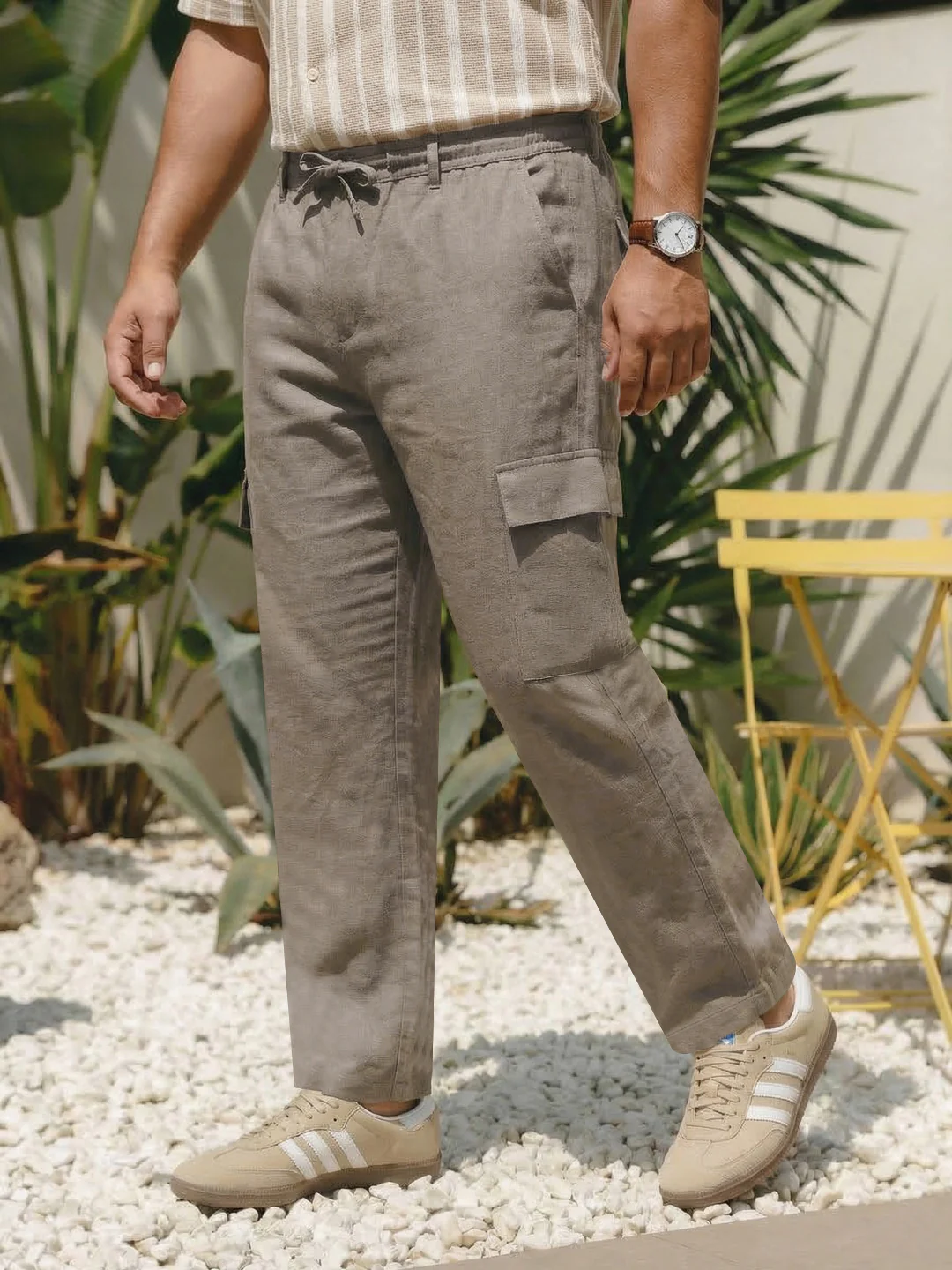 Plus Men's Light Khaki Straight Fit Linen Cargo Pants with 6 Pockets