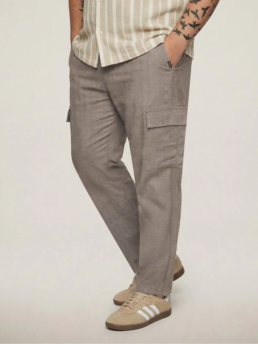 Plus Men's Light Khaki Straight Fit Linen Cargo Pants with 6 Pockets - Image 2