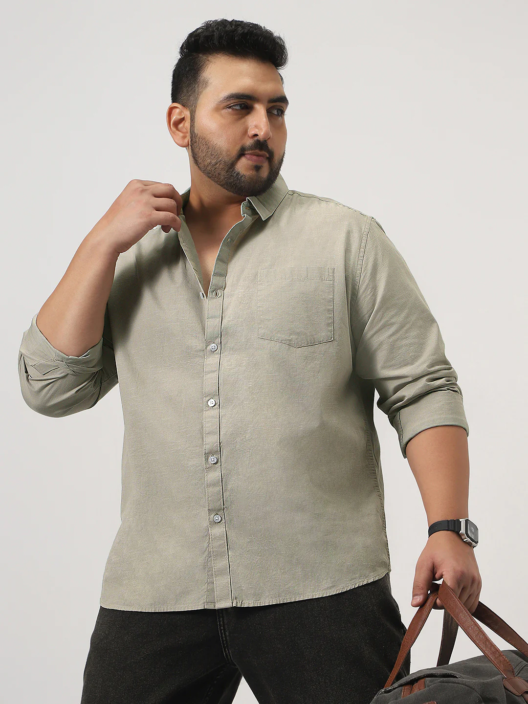 Plus Men's Light Olive Cotton Full Sleeve Regular Fit Casual Solid Slub Shirt with Spread Collar