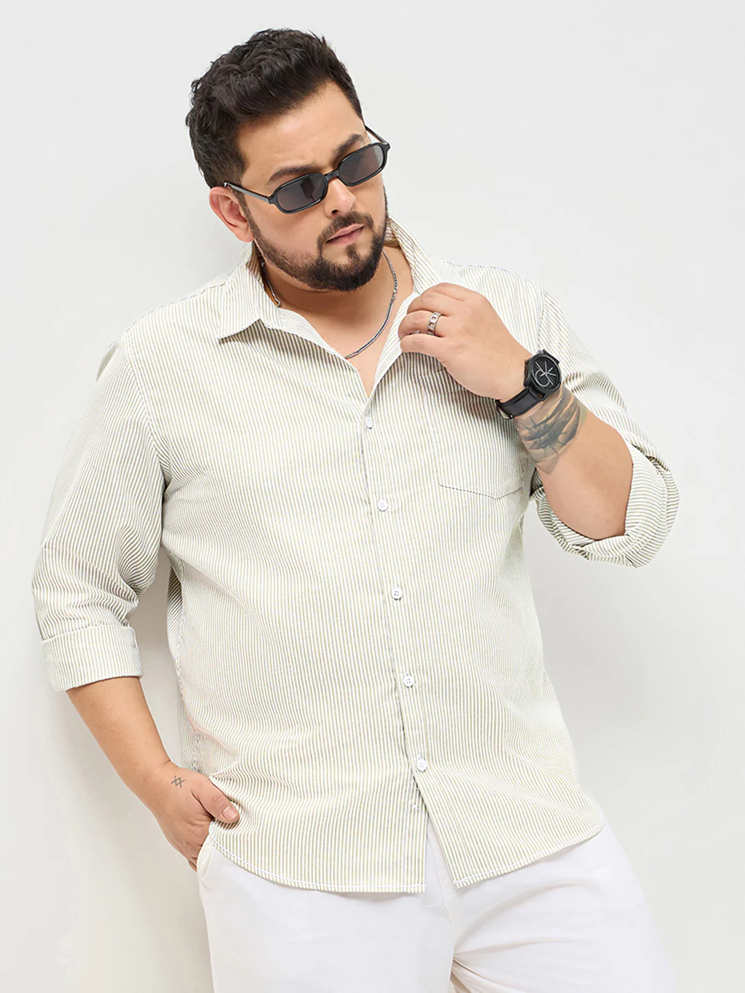 Plus Men's Light Olive Cotton Full Sleeve Regular Fit Casual Striped Shirt - Image 2