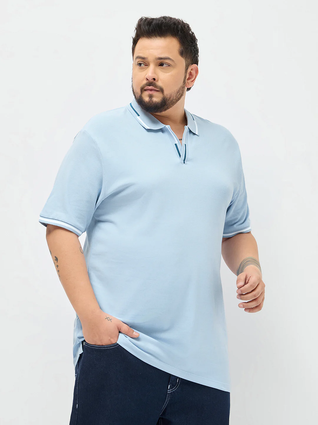 Plus Men's Light Sky Blue Solid Regular Fit Half Sleeve Cotton Polo T-Shirt - Image 2