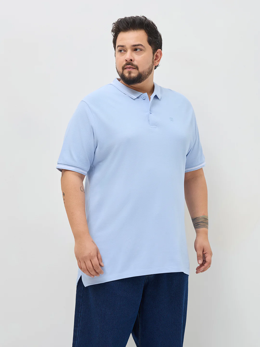 Plus Men's Light Sky Blue Solid Regular Fit Half Sleeve Cotton Polo T-Shirt - Image 2
