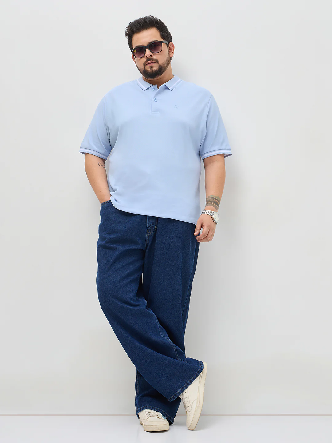 Plus Men's Light Sky Blue Solid Regular Fit Half Sleeve Cotton Polo T-Shirt - Image 4