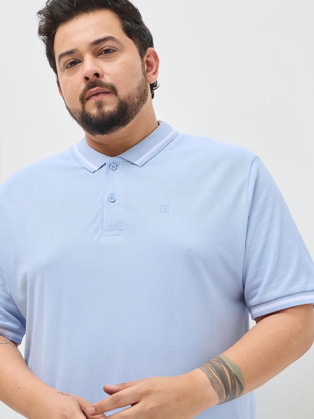 Plus Men's Light Sky Blue Solid Regular Fit Half Sleeve Cotton Polo T-Shirt - Image 5